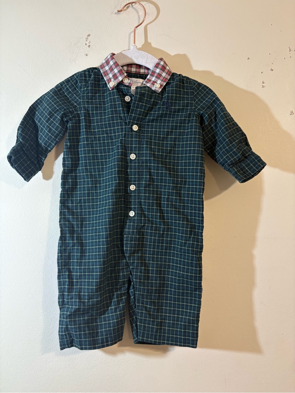 Ralph Lauren boys 3 month Green Plaid Long-Sleeve Romper w/ red plaid collar
